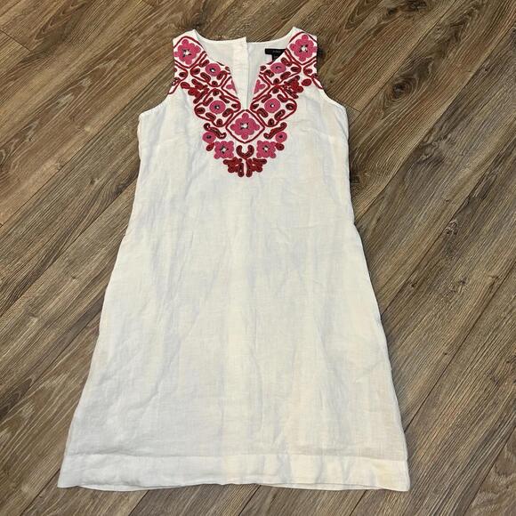 J. Crew Dresses & Skirts - J.Crew Navy White Linen Sequin Floral Embroidered Shift Dress, Size XXS $118